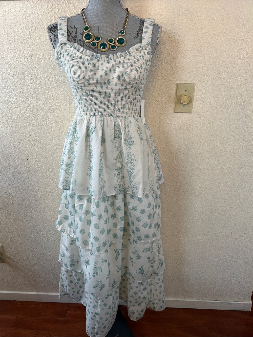 Smocked White Maxi Dress with Light Green Floral Print